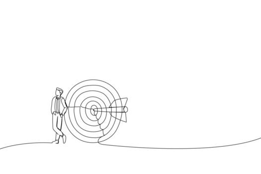 Cartoon of businessman stand with arrow hit bullseye on archery target. Metaphor for business objective, purpose or target, goal and resolution to aim for success. Single continuous line art style vector