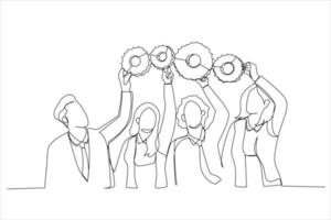 dibujo de colegas conectar cog engranaje encontrar solución de negocio. empleados felices trabajadores sostienen ruedas dentadas dedicadas al trabajo en equipo. estilo de arte de una sola línea vector