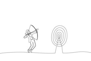 Drawing of blindfolded businesswoman shooting arrow and missed the target. Single continuous line art vector