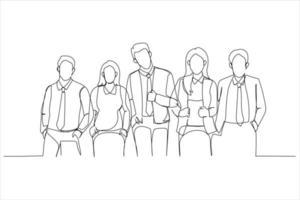 Cartoon of happy people in clothes suitable for office dress code standing. Single continuous line art style vector