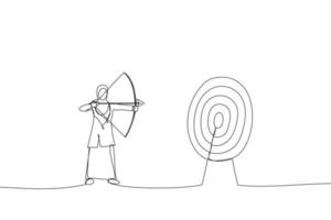 Drawing of successful muslim businesswoman aiming target with bow and arrow. Single line art style vector