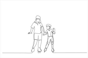 Cartoon of Dad with his little daughter on the rollerblades skates. Single continuous line art style vector