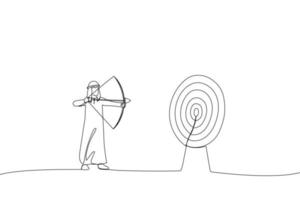 Drawing of successful arab businessman aiming target with bow and arrow. Single line art style vector