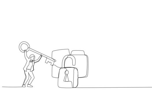caricatura de mujer de negocios intenta desbloquear carpeta documento de archivo de datos seguro. metáfora de la privacidad en Internet, la seguridad cibernética y la fuga de datos. estilo de arte de línea continua única vector