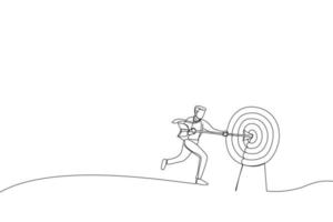 Cartoon of businessman shooting target with arrow. Metaphor for market goal achievement, financial aim. Single continuous line art style vector