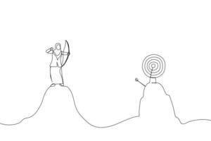 Drawing of overconfidence muslim businesswoman archery terribly missed target. Metaphor for terrible missed target, failure or mistake. Single line art style vector