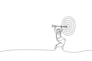 Drawing of arab businessman holds arrow that hit target or bullseye.  Metaphor for target market. Single line art style vector