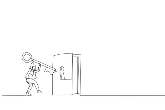 Illustration of businesswoman with a key stands in front of a big book. Metaphor for gaining new knowledge and understanding. One line art style vector