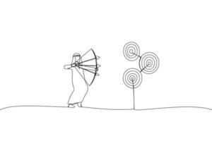 Drawing of arab businessman aiming multiple bows on three targets. Metaphor for multitasking or multiple purpose strategy, aiming for many targets or goal. Single line art style vector