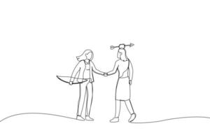 Illustration of businessmen shaking hands agreement after finished danger risky apple shot archery show. Metaphor for trusted partner, business relation, collaboration. One line art style vector