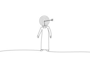 Cartoon of arab businessman stand as human target, metaphor for business competition target. Continuous line art style vector