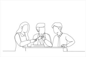 Cartoon of business people discuss the deal. Continuous line art style vector