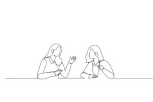 Cartoon of enthusiastic employee sharing new project ideas with female boss. Single continuous line art style vector