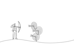 Illustration of businessman doing a perfect hit arrow target practice. One line art style vector
