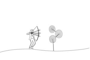 Drawing of businesswoman aiming multiple bows on three targets. Metaphor for multitasking or multiple purpose strategy, aiming for many targets or goal. Single line art style vector