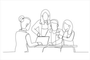 Drawing of business colleagues in team casual discussion, startup project business meeting. Single line art style vector