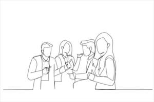 Illustration of young woman holding cup of coffee and looking at camera while her colleagues discussing something in the background. One continuous line art style vector