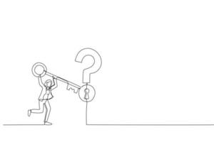 Cartoon of smart businesswoman holding big key to unlock keyhole on question mark sign. Metaphor for solution or reason to solve problem and wisdom. Continuous line art style vector