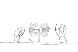 Illustration of businesspeople aiming targets with bows and arrows. Metaphor for business competition target marketing. One line art style vector