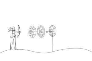 Cartoon of smart businesswoman archery hit multiple bullseye with single arrow. Metaphor for completed multiple tasks with single action. Single continuous line art style vector