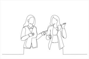 Drawing of two serious diverse female colleagues team talk walk in modern office. Single continuous line art vector