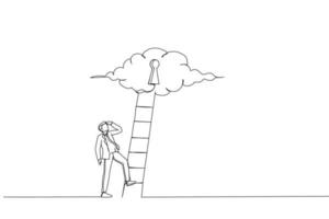 Cartoon of businessman climbing up ladder through secret keyhole. Metaphor for business opportunity or ladder of success, personal improvement. Single continuous line art style vector