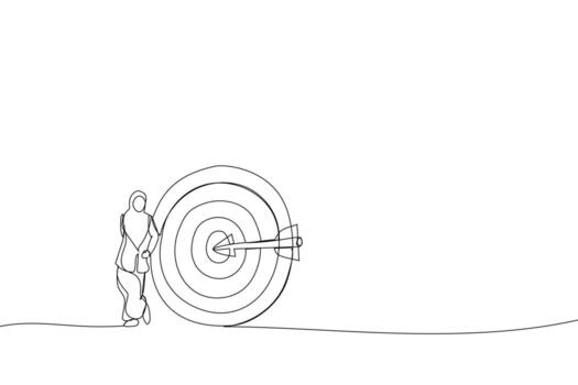 Cartoon of muslim businesswoman stand with arrow hit bullseye on archery target. Metaphor for business objective, purpose or target. Single continuous line art style vector