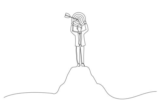 Cartoon of businessman holding a target board on top of mountain. Metaphor for aim, objective and achievement. Continuous line art vector