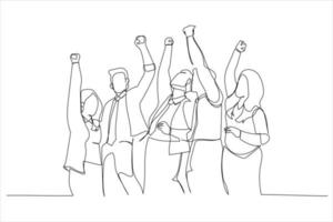 Drawing of diverse group huddle and high five hands together in office workshop. Single line art style vector
