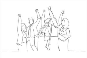 Drawing of diverse group huddle and high five hands together in office workshop. Single line art style vector