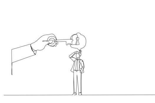 Drawing of businessman thinking with idea as a keyhole with helping hand holding the success key. Metaphor for find new ideas and free from mental block. Single continuous line art vector