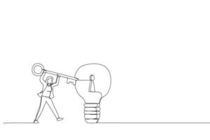 Illustration of smart businesswoman holding big key about to insert into key hold on lightbulb idea lamp. Metaphor for business idea, invention and creativity. One continuous line art style vector