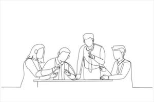Cartoon of office worker listening colleague during group meeting. Single continuous line art style vector