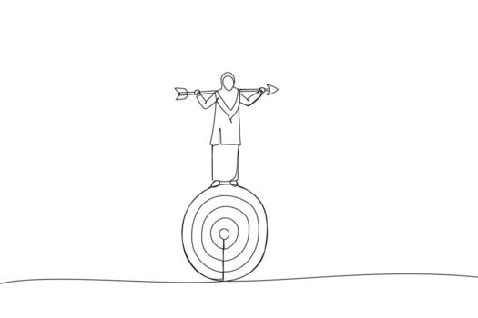 Illustration of smart muslim businesswoman balance and control rotating archery target with arrow hitting bullseye. Metaphor for result based oriented driven. One continuous line art style vector