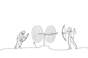 Illustration of businesspeople aiming targets with bows and arrows. Metaphor for business competition target marketing. One line art style vector