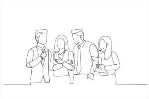 Cartoon of creative businespeople in stylish clothes having live discussion, sharing ideas and talking about business strategy. Single continuous line art style vector