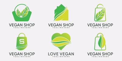 conjunto de colección de paquetes de plantilla de diseño de logotipo de tienda vegana con vector premium de elemento creativo