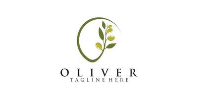 Ilustración de diseño de logotipo de olivo y aceite con concepto vector premium simple