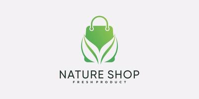 logotipo de icono de tienda de naturaleza para empresa comercial con vector premium de bolsa y hoja