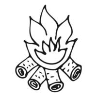 Burning bonfire with firewood in doodle style. Flame, fire hand drawn black outline on a white background.Vector illustration. vector