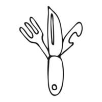 Doodle pocket knife. Swiss army knife hand drawn. Vector illustration.