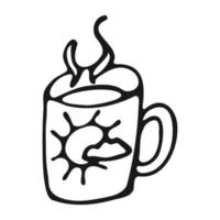 Cup with hot drink in doodle style. Hand drawn mug of hot coffee or tea with steam. Black outline of a mug of hot chocolate on a white background. Vector illustration.
