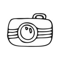 Camera in doodle style. Photographic equipment. Vector outline black and white illustration.