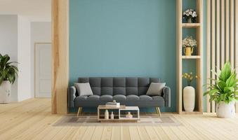 Cozy modern living room interior have sofa on empty dark blue wall background. photo