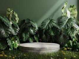 podio de hormigón en bosque tropical para presentación de productos y fondo verde. foto