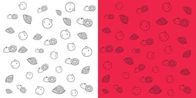 Vector doodle pattern of pomegranate fruit. Outlines of ripe Garnet isolated on a white and red background.