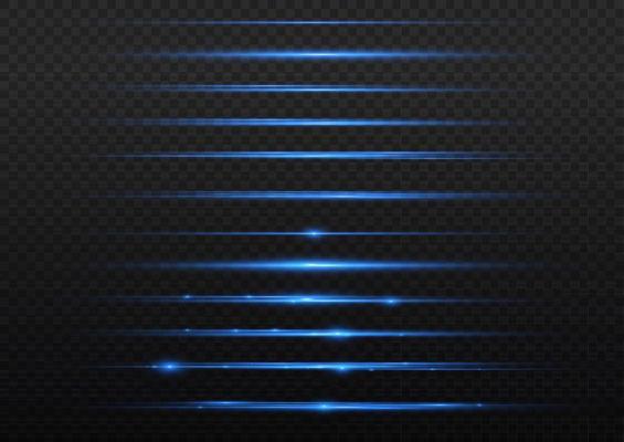 Set of blue horizontal highlights. Laser beams, horizontal beams of light. Beautiful light reflections. Glowing stripes on a light background. Glowing abstract sparkling background.
