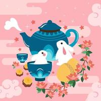 Mid Autumn Festival with Rabbit and Teapot Concept vector