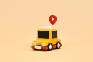 coche de taxi con ubicación de marca de puntero de alfiler para el concepto de servicio de transporte en línea banner web icono de dibujos animados o fondo de símbolo ilustración 3d foto