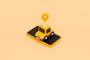 Taxi car on smartphone with reminder popup bell notification alert and bubble chat message for online transportation service concept web banner cartoon icon or symbol background 3D illustration photo